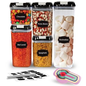 Airtight Food Storage Containers Set Pack Of 5 Plastic Multi size Storage Jars With 1 Marker, 10 Labels, 6 Measuring Spoons