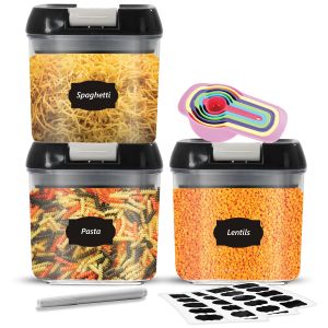 Airtight Food Storage Containers Set Pack Of 3 Plastic Multi size Storage Jars With 1 Marker, 10 Labels, 6 Measuring Spoons