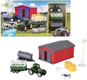 Counrylife 13 Piece Farm Yard Playset Includes Tractor & Trailer & Barn + More