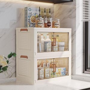 2-Layer Foldable Small Storage Cabinet 2-Tier Plastic Stackable Storage Boxes with Dustproof Top Lid