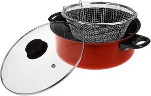 3 in 1 Deep Fryer Cooking Set Non Stick Chip Fry Pan with basket and glass Lid Red