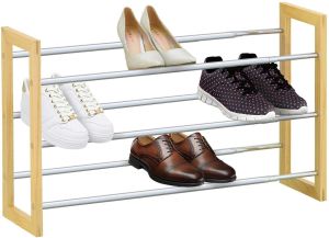 3 Tier Extendable Shoe Rack Pine Wood Frame Holds up to 18 Pairs of Shoes
