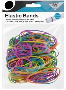 250pk Strong Elastic Rubber Bands Assorted Colours & Sizes Home, School & Office