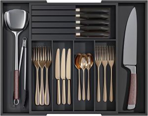 Bamboo Cutlery Tray Organiser Expandable Kitchen Drawer Organiser with Divider Utensil Storage With Knife Block