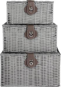 Woven Wicker Hamper Basket Set With Lid Decorative Set of 3 (Grey)