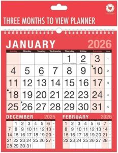 2026 Calendar Spiral Bound to flip over Home Large Organiser 3 Months To View Wall Planner