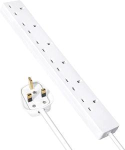 6 Gang Way 2 Meter extension lead UK Socket Plug Power Adapter (White)