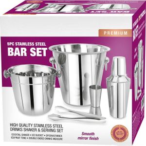 5PC STAINLESS STEEL COCKTAIL DRINKS MIXER SHAKER BAR SET WINE ICE BUCKET NEW