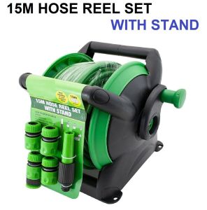 Compact Garden Hose Reel Tough Water Pipe Standing Wall Mounted Fittings Set - 15M