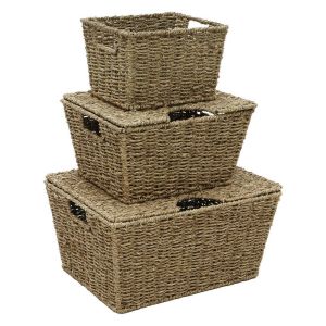 Seagrass Set of 3 Rectangular Lidded Storage Baskets Organizer Insert Handles