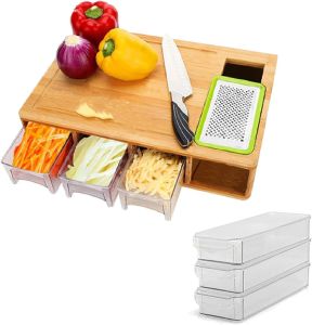 Bamboo Chopping Board with Containers 4 Storage Drawer Trays with lids and 4 Style of Graters Cutting Board