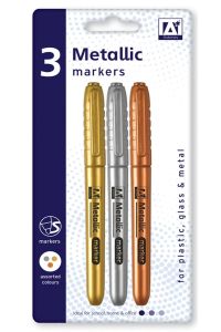 3 Metallic Marker Pens Gold Silver Bronze Paper Card Plastic Glass Metal