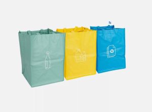 Set of 3 Recycling Bin Bags Heavy Duty Reusable Pack With Strong Handles Colour Coded Plastic Glass Paper Bins