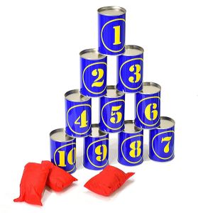 Hit The Can Garden Tin Can Alley Game Family 10 Tins 3 Bean Bags Indoor Outdoor