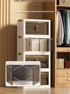 5-Layer Foldable Small Storage Cabinet Plastic Stackable Storage Boxes with Dustproof Top Lid Storage Organizer Bin