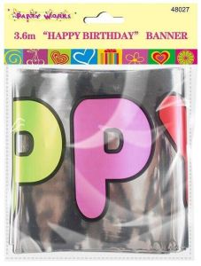 3.6 meter Reflective Silver Happy Birthday Party Banner with Coloured Text