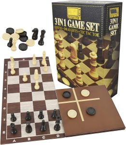Traditional Retro Board Game 3 in 1 Set Compendium Chess & Draughts &Tic Tac Toe