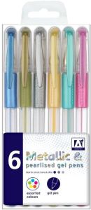 6 Assorted Colour Metallic & Pearlised Gel Pens Back to School Office Crafting