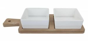 MantraRaj Serving Board With Two Square Ceramic Dishes Bamboo Serving Tray Sauce 2 Piece Set