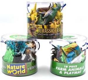 18 Plastic Dinosaurs Animals, Jungle Wild Animals & Farm Animal Play Set in Tub