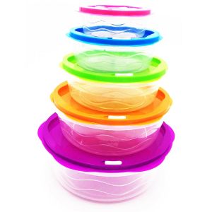 Food Storage Plastic Container Set of 5 Round Reusable With Air Vented Lids