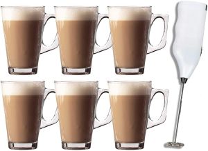 6 X Latte Coffee Glasses and Frother Set Tea Cappuccino Cups Hot Drinks Mug and Frother Set