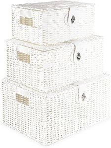 Woven Wicker Hamper Basket Set With Lid Decorative Set of 3 (White)