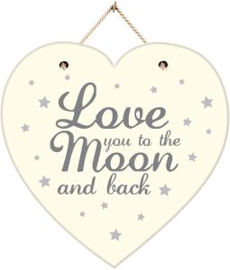 LOVE YOU TO THE MOON AND BACK Large 20 x 20cm Shabby Chic Heart Wooden Sign