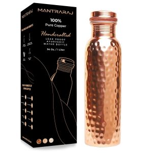 MantraRaj 100% Pure Copper Water Bottle 1 Liter 34 Oz Hammer Leak Proof Perfect Ayurvedic Copper Vessel