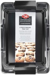 Set 3 Baking Trays, Professional Gauge Carbon Steel with Whitford Eclipse Non-Stick Coating, Cooking and Roasting, One 34.5 x 24.4cm Tray, Two 25 x 18cm Trays
