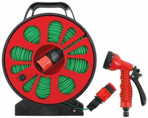 50ft Flat Hose Pipe Spray Gun Nozzle Set Lightweight with Reel Stand Garden