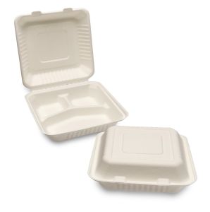 Bagasse Meal Box 3 Compartment Super Rigid Biodegradable White (9 inchx50)