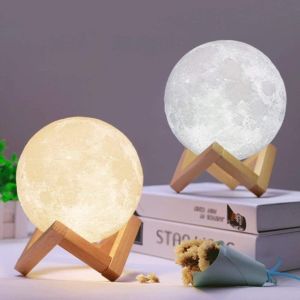 3D Moon Lamp LED Lunar Light Night Modern Lamp Touch USB Charging Wooden Stand