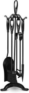 Fireside 5pc Fire Companion Set For Log Burners with Stand Cotswold Black Iron Fireplace Fire Tools Set