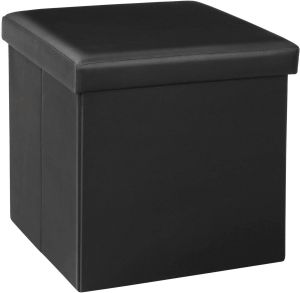 Ottomans Storage Boxes Leather Chair Pouffe and Footstools Cube Foot Rest Stool Chest Box Folding Bedroom Organizer Space Saving (Black, Double)