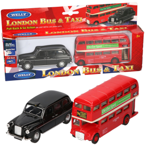 London Black Cab Taxi & Red Bus Pull Back Diecast Scale Model Collectors For Kid