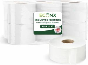 12 x Mini Jumbo Toilet Rolls 150M Toilet Paper Commercial Grade 2PLY White Tissue For Home and Commercial Use