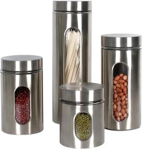 4PC Kitchen Canister Set Stainless Steel With Glass Windows Food Storage Containers Jars