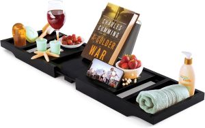 Bamboo Extendable Bath Tub Caddy Tray Bathtub Storage Shelf Wine Tablet Holder