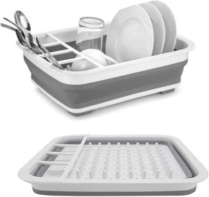 Premium Collapsible Dish Drainer Basket- Durable Folding Dish Draining Board - Space Saver Travel, Small Kitchens, Caravans, Camping,- Dish Storage Rack Portable Dinnerware Organizer