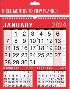 2024 Wall Calendar Planner 3 Months To View Hanging Spiral Bound Red 260 x 240mm