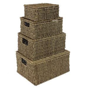 Set Of 4 Seagrass Storage Boxe Hamper With Lids & Inset Handles For Home, Office Use