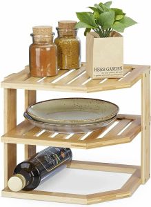 3 Tier Bamboo Corner Shelf Kitchen Plate Dish Holder Stand Storage Shelf Rack