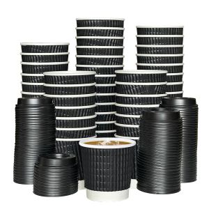 4oz Black Disposable Kraft Paper Ripple Cups with Lids - Leak Proof Insulated Triple Wall Takeaway Coffee Cup