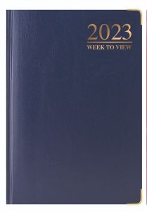 2023 A4 Week To View Diary With Metal Corner Padded Hardback Gilt Edge (Blue)