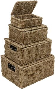 Seagrass Set of 4 Rectangular Lidded Storage Baskets Hand Woven Stackable Multipurpose Kitchen Bathroom With Insert Handles