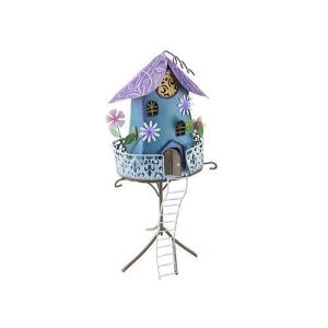 Novelty Metal Fairy House Garden Ornaments Blue On Tree Flower Design Outdoor Decoration Fun Metal Hand Painted Decor-55cmx23cmx16cm