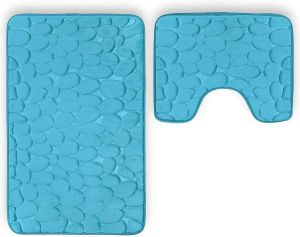 Pebble Bathroom Mat Set 2 Piece Aqua Memory Foam Water Absorbent Machine Wash