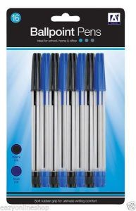 SET OF 16 BALL POINT PEN BLACK / BLUE Work Writing Pen Back to School Stationery