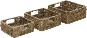 Seagrass Sqare Storage Baskets With Inset Handles Set Of 3 Hand-Woven Display Hampers Storage Decorative Baskets